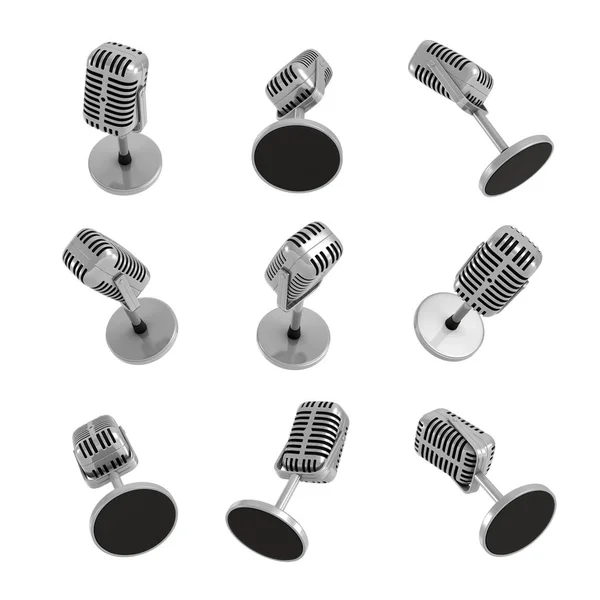 3D-Rendering vieler Retro-Tischmikrofone in verschiedenen Ansichten auf weißem Hintergrund. — Stockfoto