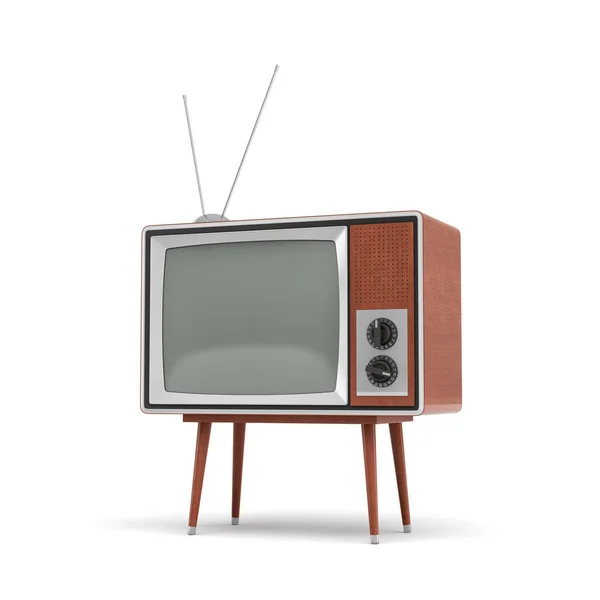 3d rendering of a blank retro TV set with an antenna stands on a low four legged table on white background. — Stock Photo, Image