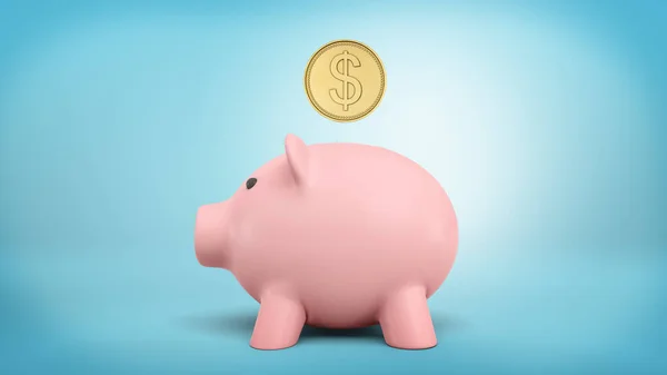 3D-weergave van een grote gouden munt met een dollar teken rechts boven piggy bank slot zweeft. — Stockfoto