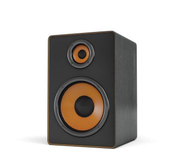 büyük bir siyah stereo kutu 3D rendering beyaz arka plan üzerinde iki adet yuvarlak hoparlör ile.