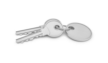 Anahtarlık etiketi bulunan iki izole gümüş anahtarların 3D render