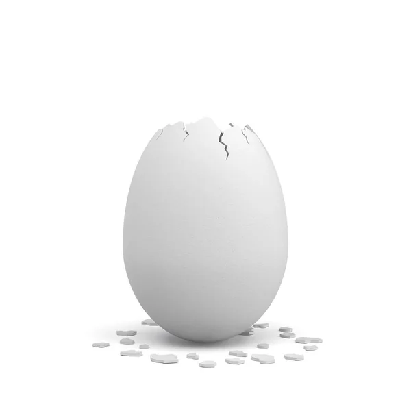 3d rendering of an empty cracked on top egg with a white shell and several pieces of it lying around. — Stock Photo, Image