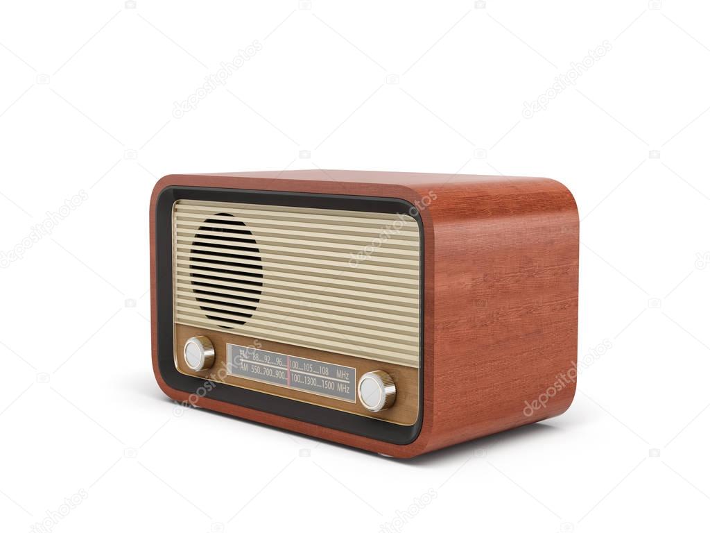 3d rendering of a brown rounded retro style radio receiver with an analogue tuner.