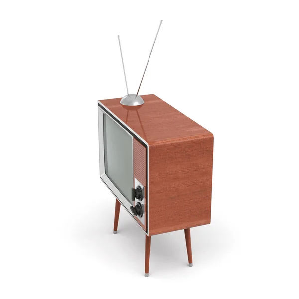 3D renderização de um conjunto de TV retro em branco com uma antena fica em uma mesa de quatro patas baixa no fundo branco . — Fotografia de Stock