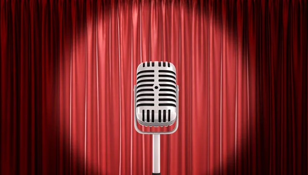 3D-Wiedergabe eines einzigen Retro-Mikrofons vor einem roten Bühnenvorhang in einem hellen runden Scheinwerfer. — Stockfoto