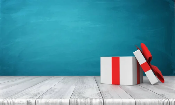 3d representación de una caja de regalo blanca abierta con un lazo rojo de pie sobre un escritorio de madera frente a un fondo azul . — Foto de Stock