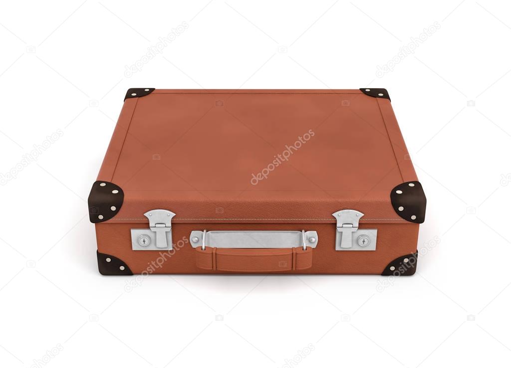 3d rendering of a brown vintage closed suitcase with metal locks on white background.