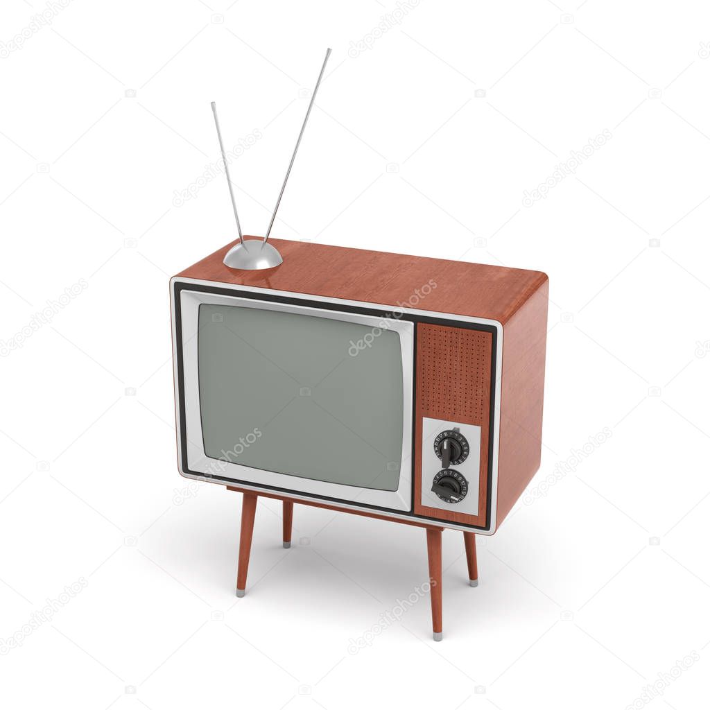 3d rendering of a blank retro TV set with an antenna stands on a low four legged table on white background.