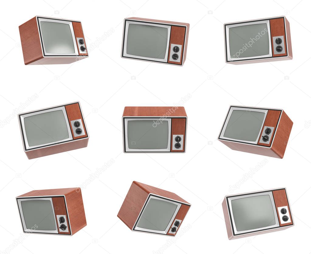3d rendering of a turned-off retro TV in different angle on white background.