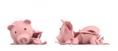bir pembe seramik tamamen birkaç büyük parçalar halinde kırılmış kumbara 3D render.