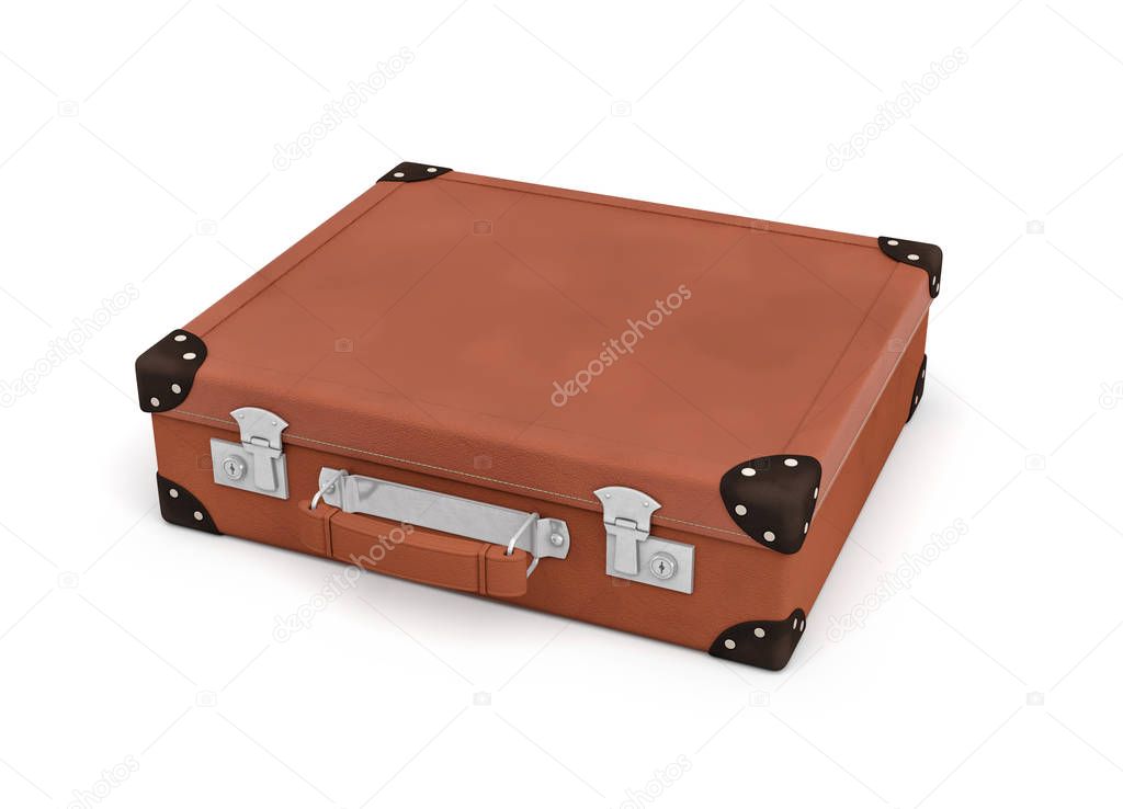 3d rendering of a brown vintage closed suitcase with metal locks on white background.