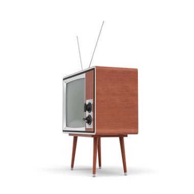 Beyaz arka plan üzerinde düşük dört bacaklı tablo üzerinde bir anten ile boş retro televizyon 3D render duruyor.
