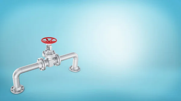 3d renderização de um pedaço de um tubo de cromo curvo com uma válvula de roda redonda vermelha no fundo azul . — Fotografia de Stock