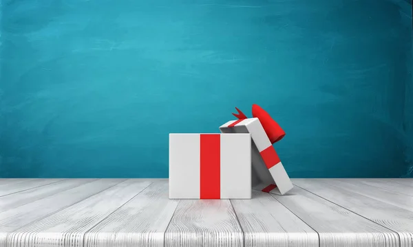Rendering 3D di una confezione regalo bianca aperta con un fiocco rosso in piedi su una scrivania di legno davanti a uno sfondo blu . — Foto Stock