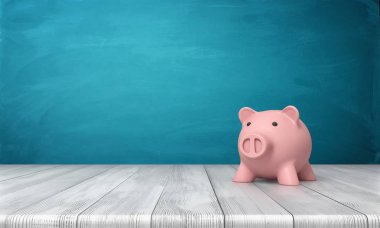 pembe bir kumbara önünde 3D render görüntülemek ayakta ahşap bir masaya.