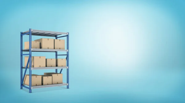 Rendering 3d di un rack di stoccaggio in metallo con tre ripiani pieni di scatole di cartone chiuse con merci . — Foto Stock