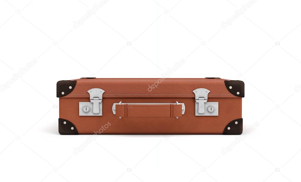 3d rendering of a brown vintage closed suitcase with metal locks on white background.