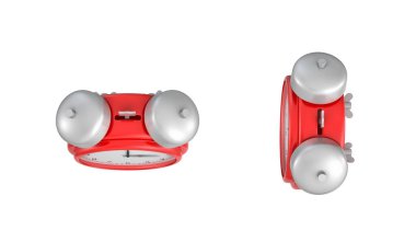 Kırmızı vintage çalar saat beyaz arka plan üzerinde üst görünümünde çift metal çan ile 3D render.