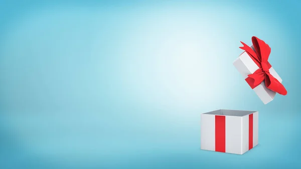 3d renderização de uma caixa de presente branco com uma fita vermelha e arco fica aberto no fundo azul . — Fotografia de Stock