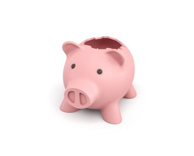 bir pembe seramik kumbara beyaz arka plan üzerinde kırık bir top ile 3D render.