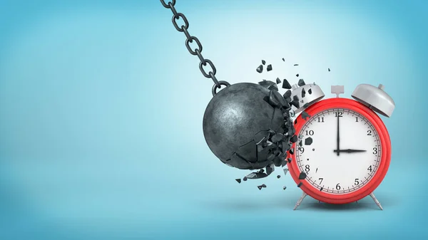 3d rendering of a big black iron wrecking ball breaks itself when hitting a large red alarm clock.