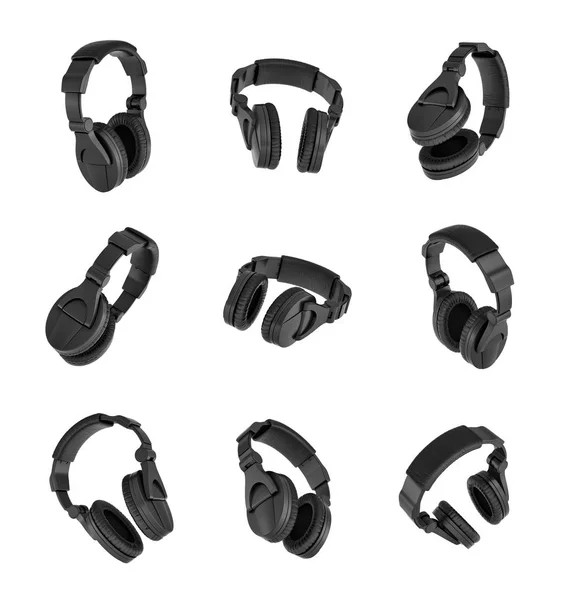3d rendering of a set of many black headphones in different angles on white background. — Stock Photo, Image