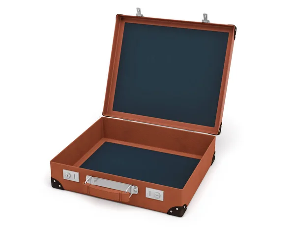 3d rendering of an open brown vintage suitcase with nothing inside on white background. — Stock Photo, Image