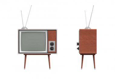 Beyaz arka plan üzerinde düşük dört bacaklı tablo üzerinde bir anten ile boş retro televizyon 3D render duruyor.