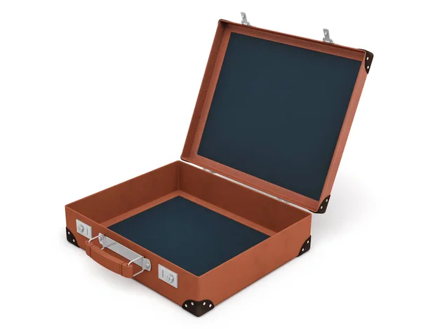 3d rendering of an open brown vintage suitcase with nothing inside on white background. — Stock Photo, Image