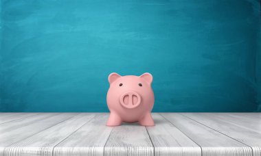 pembe bir kumbara önünde 3D render görüntülemek ayakta ahşap bir masaya.