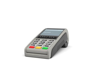 boş bir Pos terminali bir yazı gösterilen ekran 3D render tutar ve numarası yok.