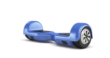 Beyaz arka plan üzerinde görünümü izole bir tek mavi hoverboard önünde 3D render.