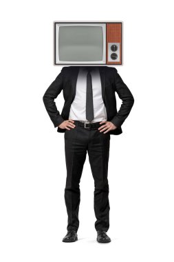 Bir iş adamı elleriyle onun kalçalarına anlamına gelir ve bir Tv kutusu yerine kafasını giyer.