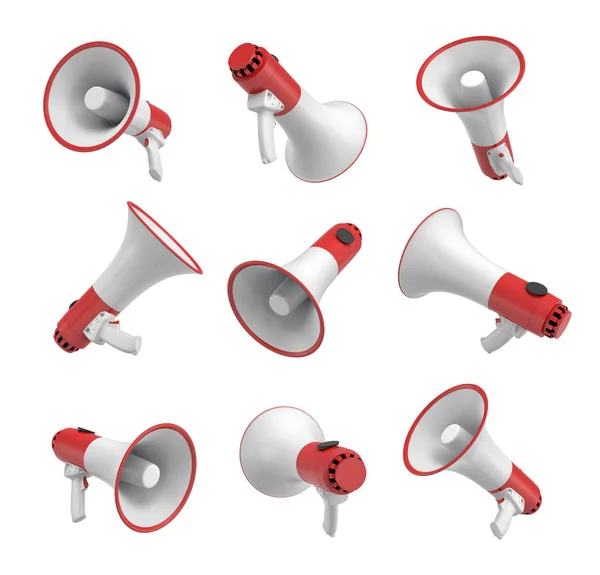 3d rendering of a set of several white and red megaphones in different angles on white background. — Stock Photo, Image