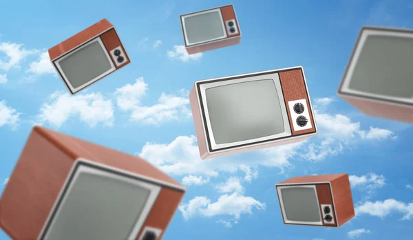 3d rendering of a many brown retro TV boxes with blank screens fly on blue cloudy sky background. — Stock Photo, Image