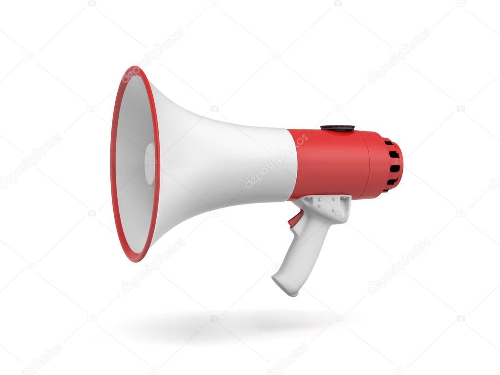 3d rendering of a single red and white megaphone in side view on white background.