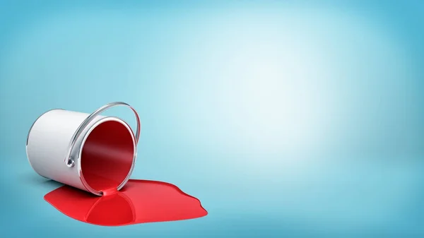 3D renderização de um balde de metal virado com tinta vermelha vazando em uma poça no fundo azul . — Fotografia de Stock