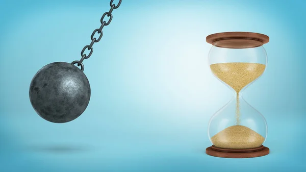 3d rendering of a iron wrecking ball swings on a chain ready to hit a large half-full hourglass on blue background. — Stock Photo, Image