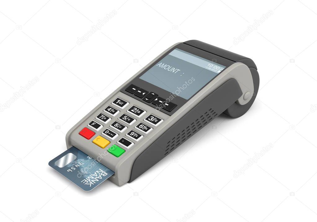 3d rendering of a POS-terminal with a generic plastic card inside and a screen with a writing AMOUNT on it.