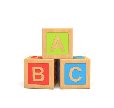 Üç ahşap oyuncak küpleri beyaz arka plan üzerinde izole Abc yazı ile 3D render.
