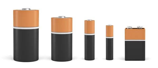 3D-Rendering von fünf Standard-Kompaktbatterien in schwarz und orange in verschiedenen Größen. — Stockfoto