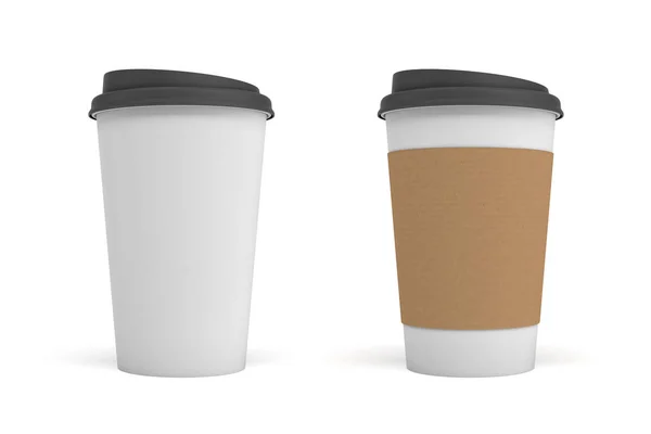 Τρισδιάστατη απεικόνιση του καφέ δύο λευκό χαρτί κύπελλα με μαύρα καπάκια, ένα σαφές λευκό και λευκή με μια Ρίγα καφέ. — Φωτογραφία Αρχείου