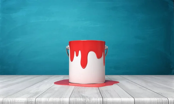 3d rendering of a metal bucket with red paint overflowing on its sides and on a wooden desk around it. — Stock Photo, Image
