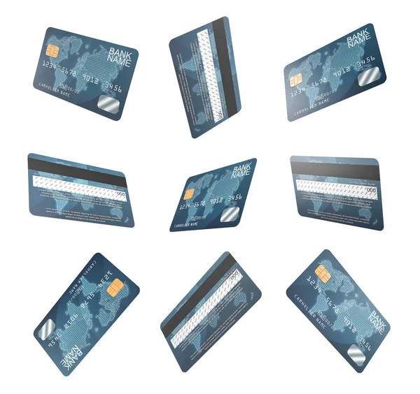 3D-Rendering mehrerer identischer generischer Kreditkarten in verschiedenen Winkeln in einem Satz. — Stockfoto