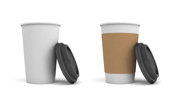 3D-Rendering von zwei Kaffeetassen aus weißem Papier mit offenem schwarzen Deckel, eine der Tassen mit braunem Haltestreifen. — Stockfoto