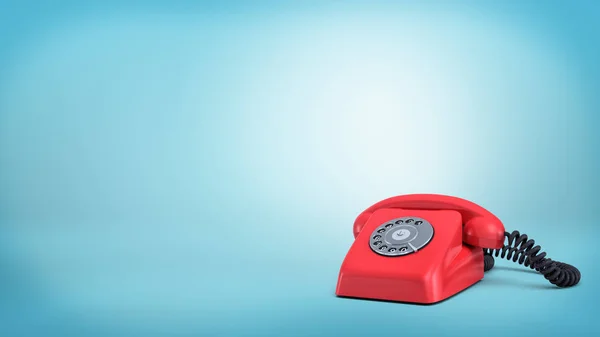 Renderingu 3D czerwony telefon retro obrotowy czarny przewód stoi nieużywany na niebieskim tle. — Zdjęcie stockowe