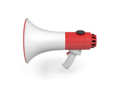 Beyaz arka plan üzerinde izole tek bir kırmızı ve beyaz megafon 3D render.