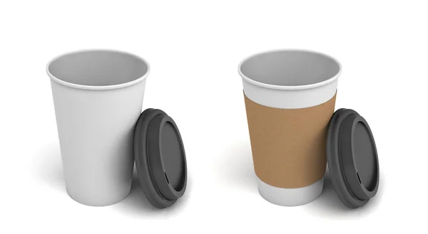 3D рендеринг двух белых бумажных чашек кофе с открытыми черными крышками, одна из чашек с коричневой держа полоску . — стоковое фото