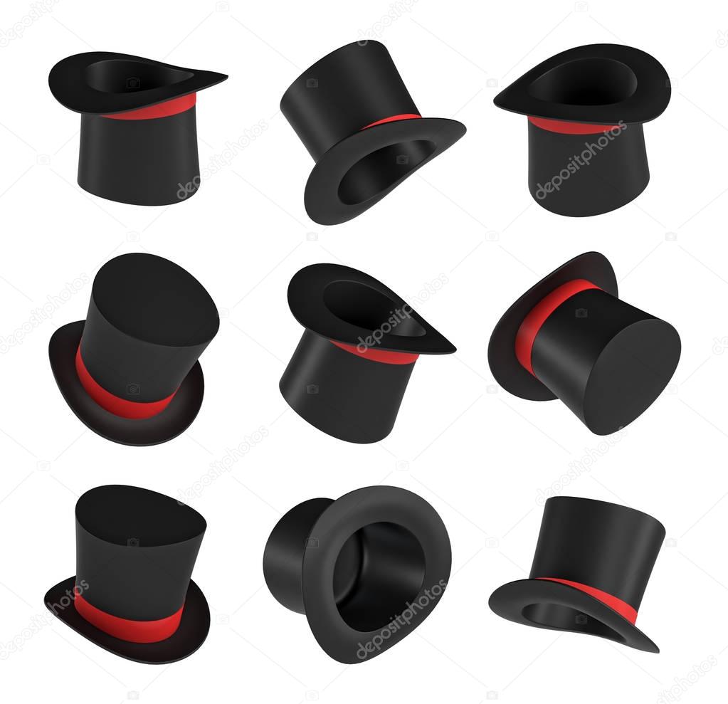 3d rendering of a set of several black magicians hats with one red stripe in different views.