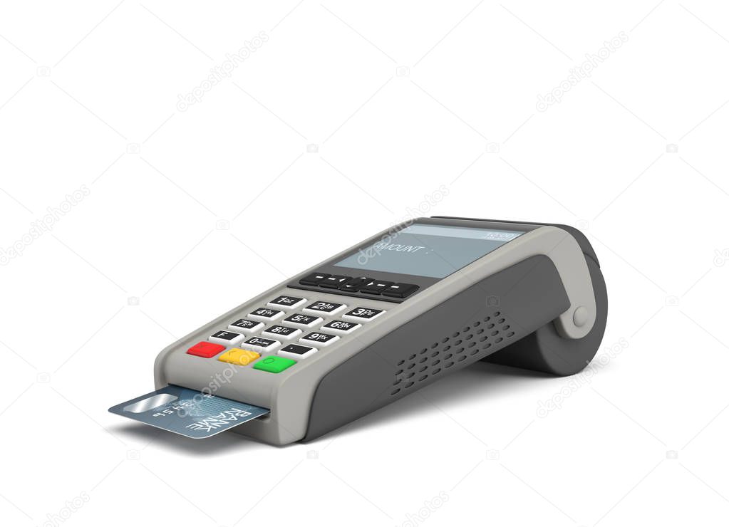 3d rendering of a card payment terminal with a sticking plastic card inside on white background.